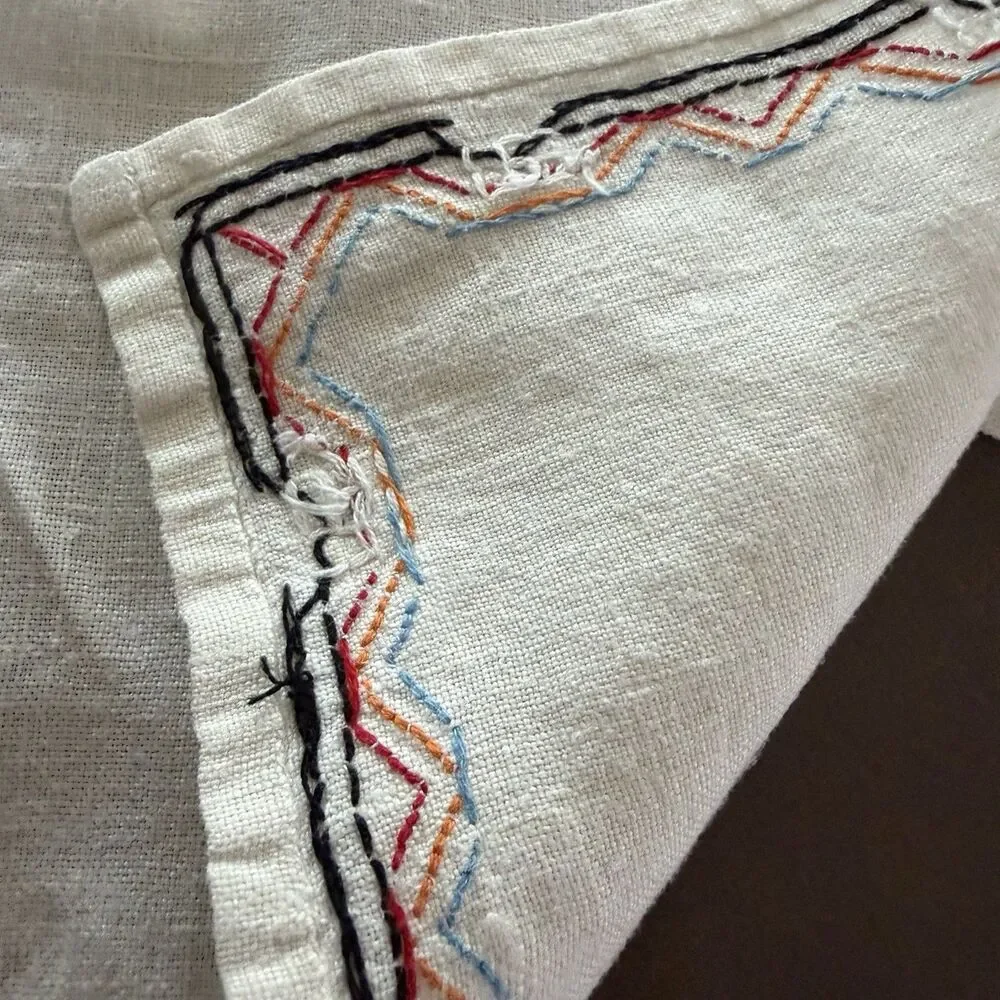 4 Vintage Hand Embroidered Linen Napkins Geometric Folk Style Table Linens Set